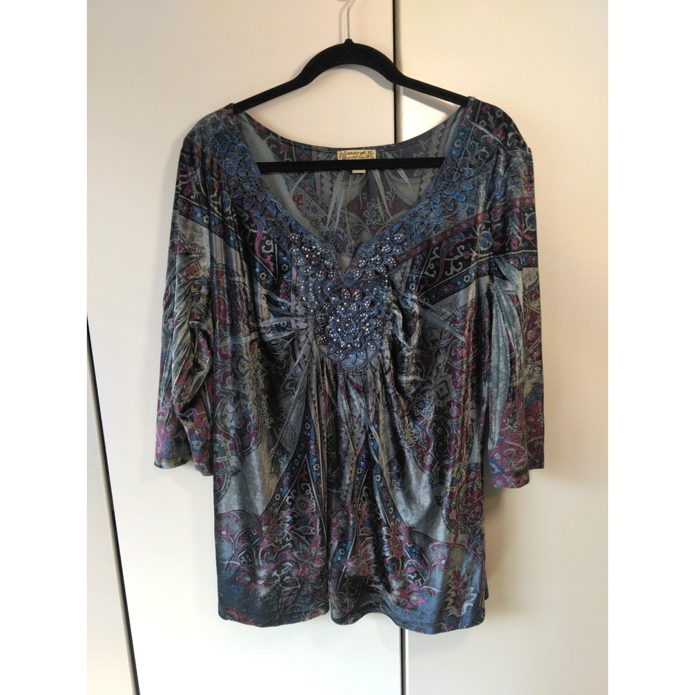 Womens Velvet Tunic Top Size 1x Fits L Sequins Beaded Detail Y2K Boho Whimsigoth